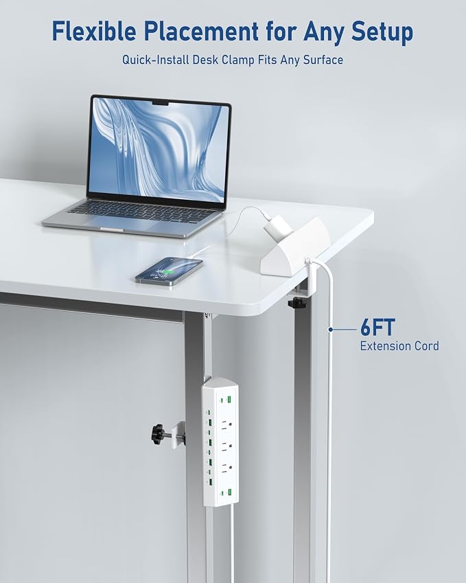 Jgstkcity 90W Desk Clamp Power Strip,12 USB Ports (6 PD 45W USB-C),Surge Protector,ETL Listed Power Hub Extension Cord,Fast Charging Station for Home Office Desk Edge Mount (White, 12 USB-90W)