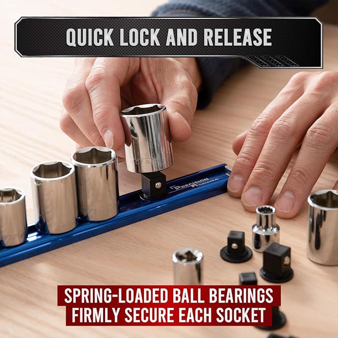 Precision Defined Aluminum Tool Socket Holder | Blue, Single 1/4-Inch Socket Organizer x 16 Clips | Heavy Duty Socket Rails Organizer, Socket Storage, Socket Tray 360 Rotation