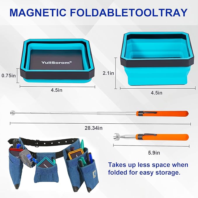4.5” Collapsible Dual-Sided Magnetic Parts Tray Set 3-Pack for Screws Bolts Nuts Washers Pins with 1pc Magnetic Suction Rod