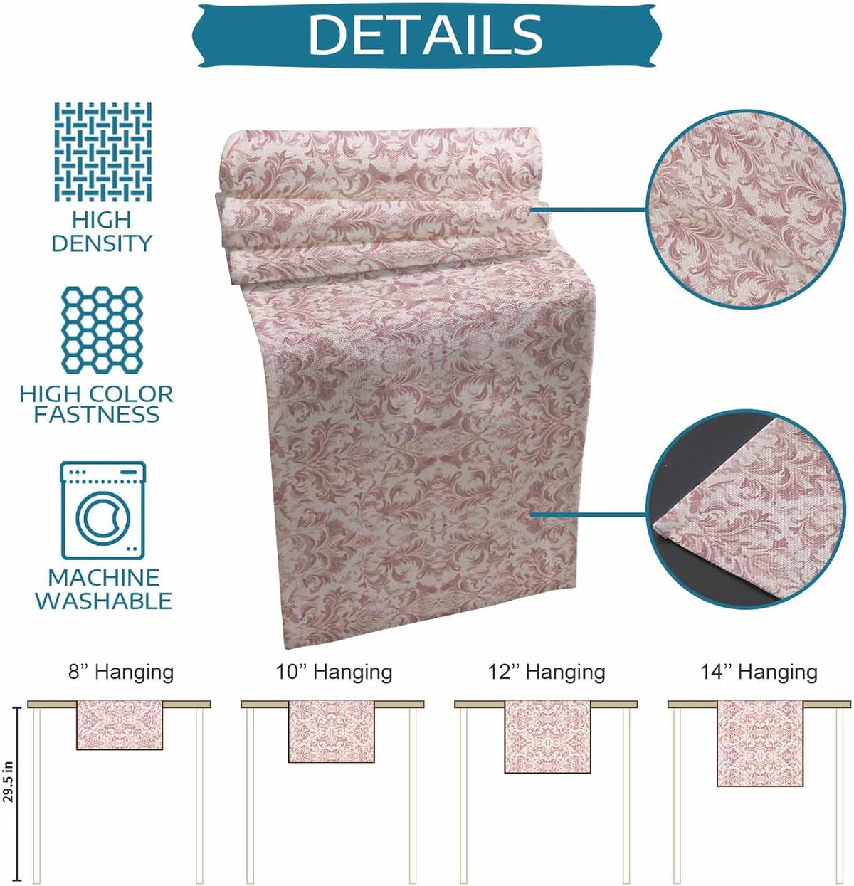 Pink Baroque Table Runner 70 Inches Long, Kitchen Dining Table Decoration, Farmhouse Scroll Floral Damask Patterned Coffee Tablerunner Dress Scarves Farmhouse Décor for Party, Holiday, 13 x 70
