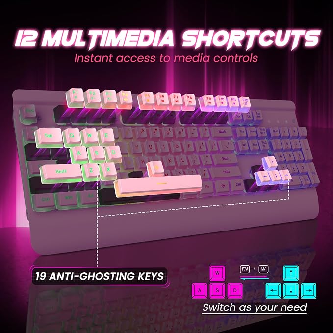 Pink Creamy Keyboard, 104 Keys All-Metal Panel, Rainbow LED Backlit Silent Gaming Keyboard, Wrist Rest, PBT Keycap, Anti-ghosting Keys, Light Up USB Wired Computer Keyboard for PC | Pink Creamy Keyboard Rainbow LED Backlit, Wrist Rest, PBT keycaps, Ant...
