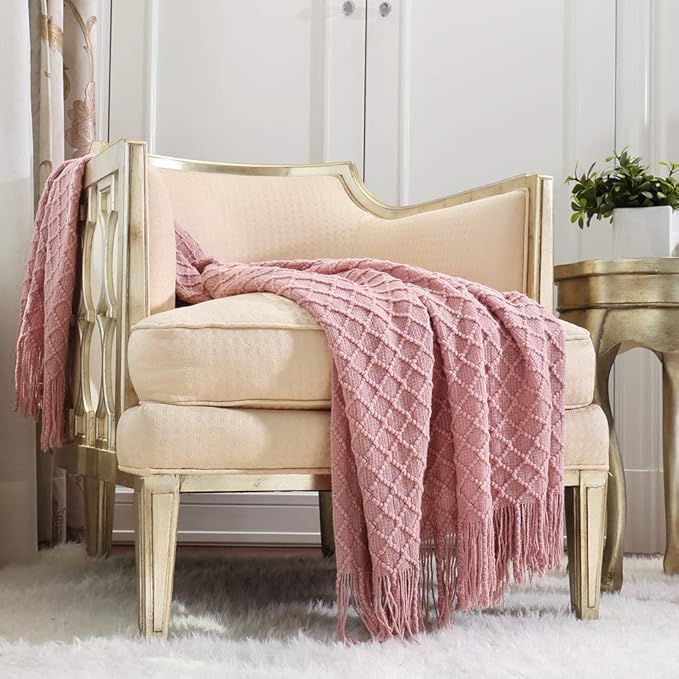 CREVENT Light Blush Pink Knit Throw Blanket for Couch Sofa Chair - Soft and Decorative for Spring Summer (50''X60'' Dusty Pink/Pale Pink)