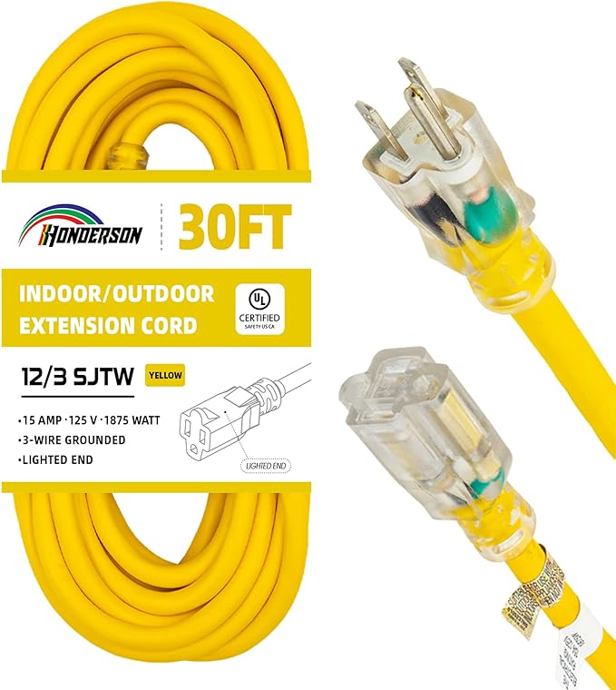 Indoor Outdoor Extension Cord Weatherproof with Lighted End, UL Listed, 12 Gauge 30FT Yellow 3 Prong Heavy Duty, 12/3 SJTW 15A Power Cord for Outdoor Lights, Lawn