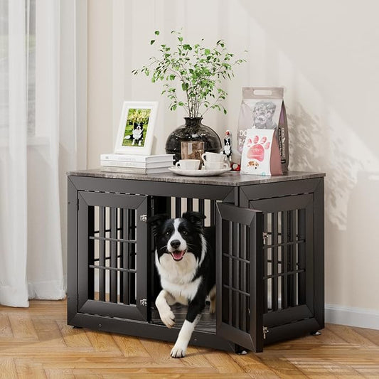 38" Heavy Duty Dog Crate Furniture for Small,Medium and Large Dogs,Rustic Wooden Dog Cage Kennel Indoor Furniture with Waterproof Top,Decorative Pet House Side End Table (Black & Grey)
