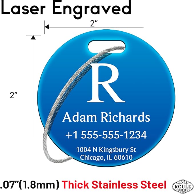 Stainless Luggage Tags for Suitcases 4 Pack: Metal Personalized Luggage Tags for Backpacks & Bags with Customizable Texts (Blue)