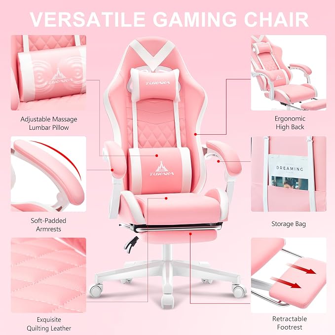 Gaming Chair,Ergonomic Massage Office Desk Chair with Footrest,Pink | Pocket Spring Cushion,Reclining,Thick High Back,Headrest and Lumbar Support,Adjustable Leather Computer Chair Gamer Chair