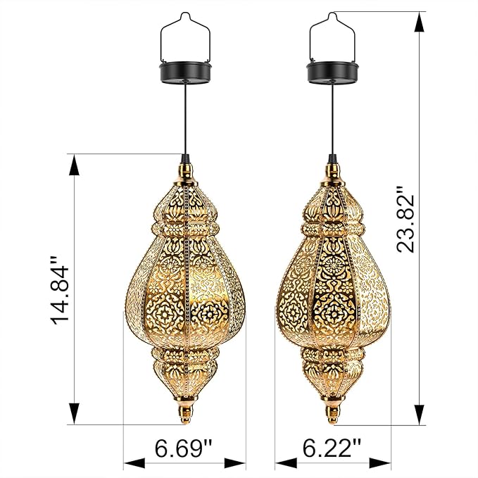 Moroccan Hanging Solar Lights Outdoor Lantern Bidirectional Availabili Garden Decor Waterproof Plastic Gold Decorations for Patio Pathway Yard Backyard Solar Powered Garden Decorative (2, gold)