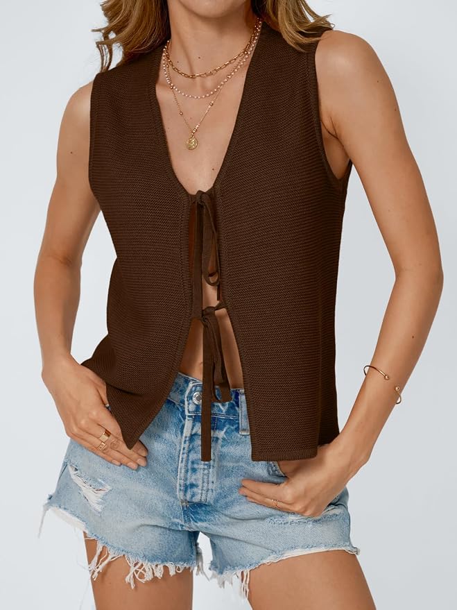 LILLUSORY Womens Tie Front Tops Vacation Sweater Vest | Bohemian Style, Beach Resort Wear, Concert Western Outfits, Crochet Tops, Vacation Outfits, Cute Y2k Sleeveless 2026