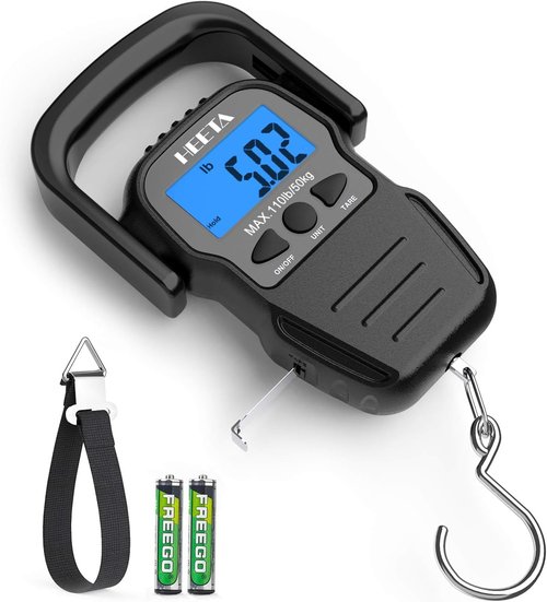 HEETA Digital Fish Scale - Backlit LCD Display, 110lb Capacity, Hook & Measuring Tape Included