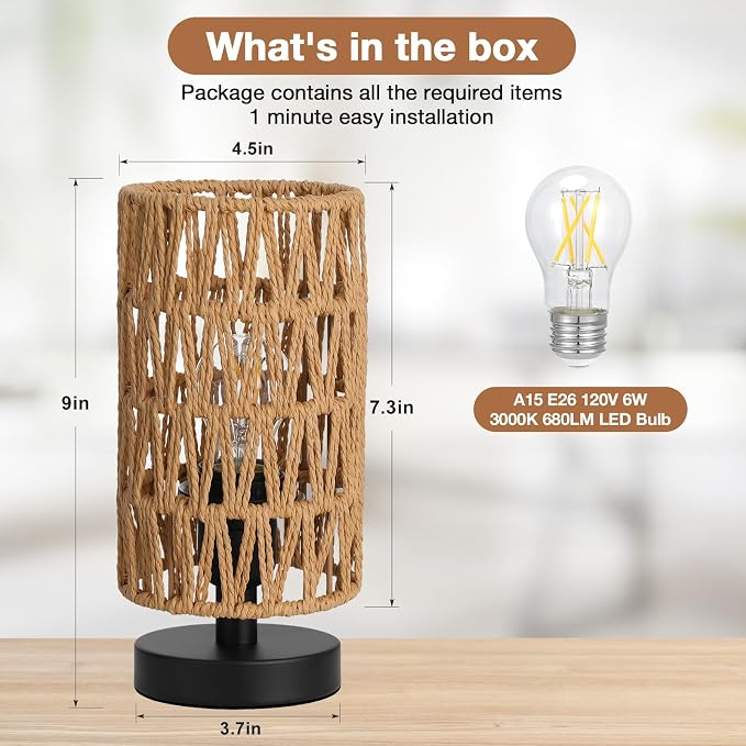 Fenmzee Table Lamps (Rattan Rope Shade - Black Base, 9" Inline Control) | 3000K LED Blub Included | 680 Lumens | Easy Assembly | Minimalist Design | E26 | for Kitchen | for Kids Room