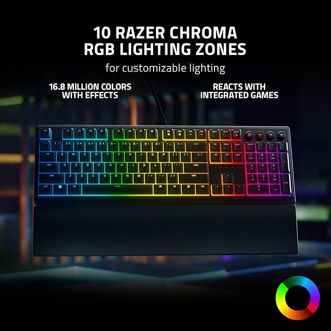 Razer Ornata V3 Gaming Keyboard, Low-Profile Keys, Black | Mecha-Membrane Switches, UV-Coated Keycaps, Backlit Media Keys, 10-Zone RGB Lighting, Snap Tap, Magnetic Wrist Wrest