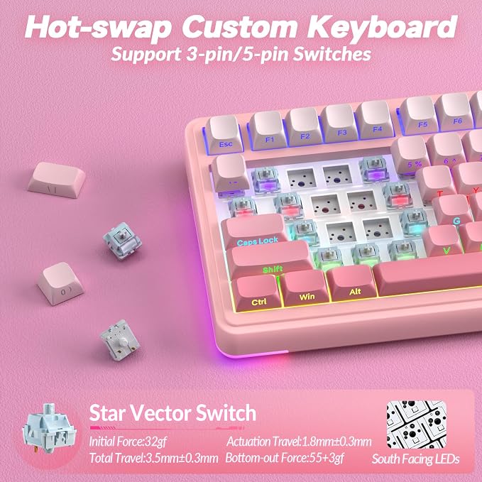 AULA S75 PRO Wireless Mechanical Keyboard with Screen&Knob, Tri-Mode Hot Swappable Gaming Keyboard 75%, Pre-lubed Switches, RGB Backlit, Side Printed PBT Keycaps, Creamy Sounding Pink Keyboards