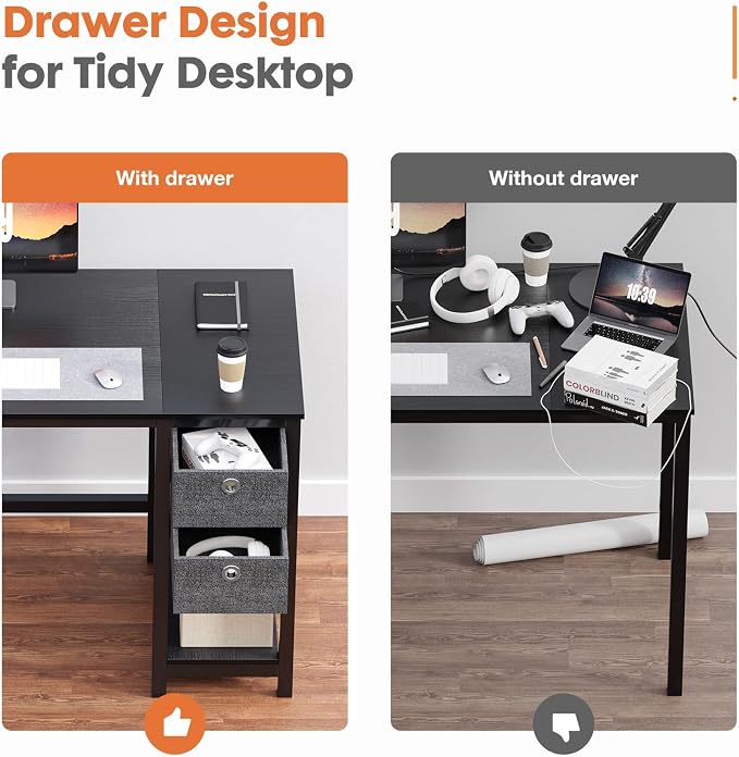 Sweetcrispy 40-Inch Computer Desk with Drawers, Office Desk, Black | Small Desk for Bedroom Home Office with Side Hook, Modern Simple desk with storage for Writing