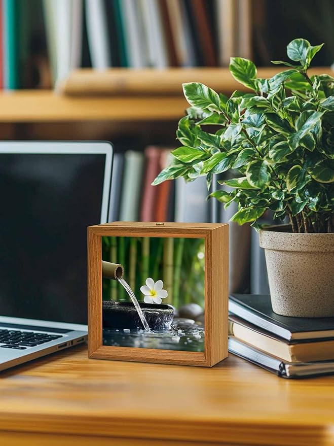 Wood Night Light Box 4.5x4.5in,Zen Meditation Plumeria Flower Table Lights Wooden Picture Frame with USB Rechargeable Touch LED Lights for Home Decor Desktop Display,Flowing Water Forest