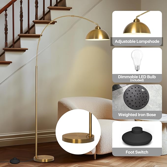 Floor Lamp with 3 Light Modes Adjustable– Modern Arc Standing Tall Lamp Dimmable Brightness, Perfect for Living Room, Bedroom, and Office, Gold
