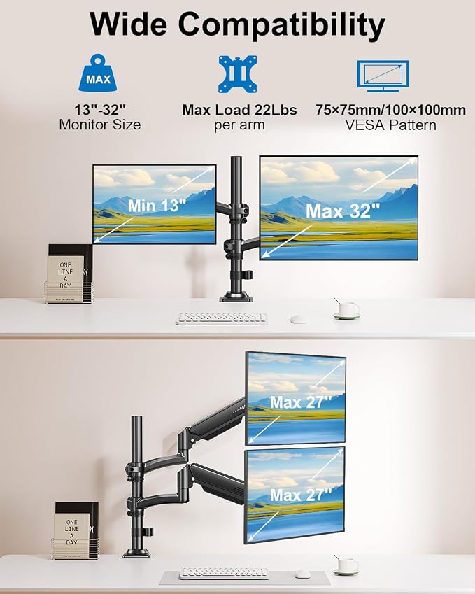 Dual Monitor Stand for Computer Screen up to 32", Holds 22 lbs Each | Taller Monitor Arms Desk Mount, Height Adjustable Gas Spring VESA Mount with C-clamp Grommet Mounting, Black, Freelift
