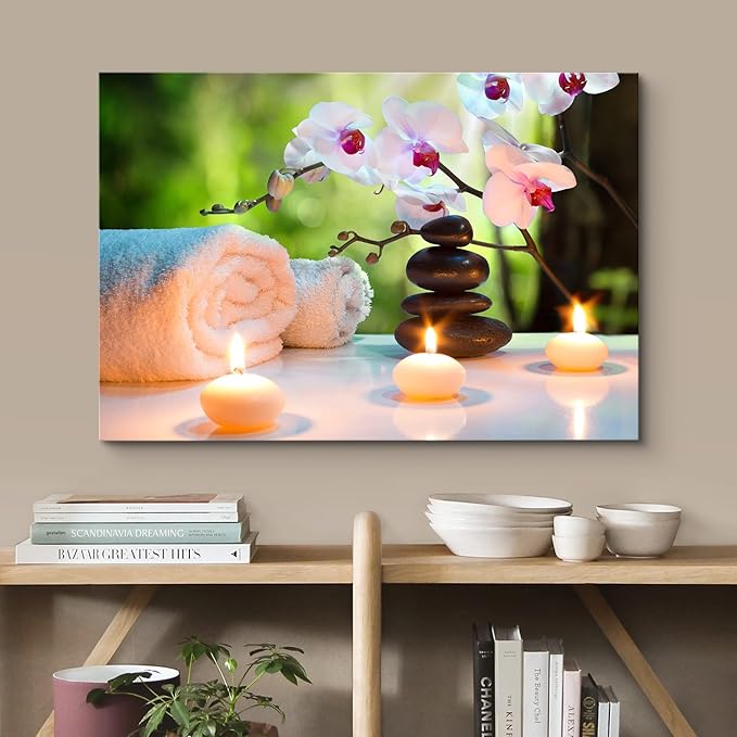 wall26 Canvas Print Wall Art Massage Stones, Candles & Orchid Flowers Floral Botanical Photography Realism Tropical Zen Multicolor Ultra for Living Room, Bedroom, Office - 32"x48"