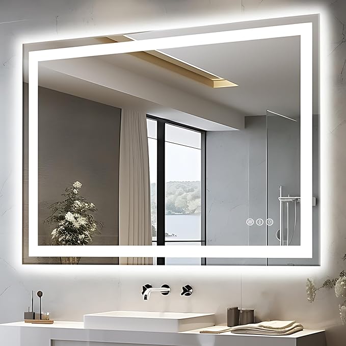 48"x40" LED Lighted Bathroom Mirror with Front Light and Backlit, Anti-Fog Bathroom Mirror with Lights, Stepless Dimmable LED Mirror, 3 Colors Smart Mirror (Horizontal/Vertical)