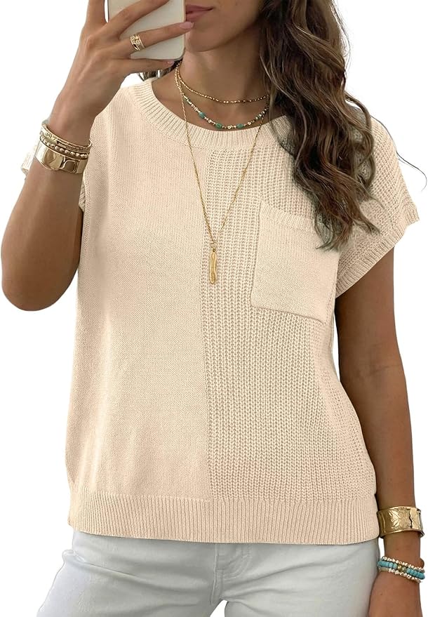 Dokotoo Summer Knit Tops for Women Sleeveless Crewneck T Shirts Casual Lightweight Sweater Blouses Shirts