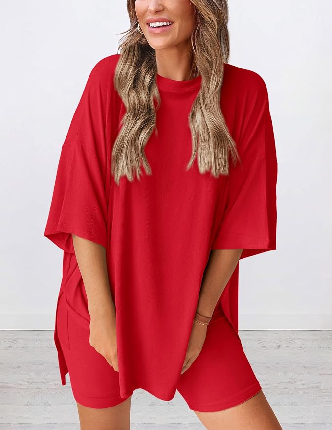 PRETTYGARDEN Women 2 Piece Lounge Set 2026 Summer Casual Oversized Shirts Biker Shorts Matching Airport Travel Outfit Clothes