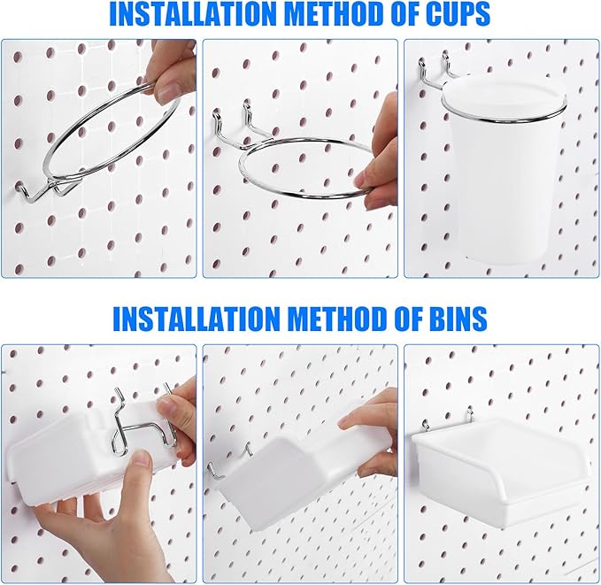 Sieral 64 Pieces Pegboard Bins Pegboard Cups with Hooks and Loops Peg Hooks Assortment Organizer Accessory for Organizing Accessories Tools Storage Office Workshop Garage Workbench (White)