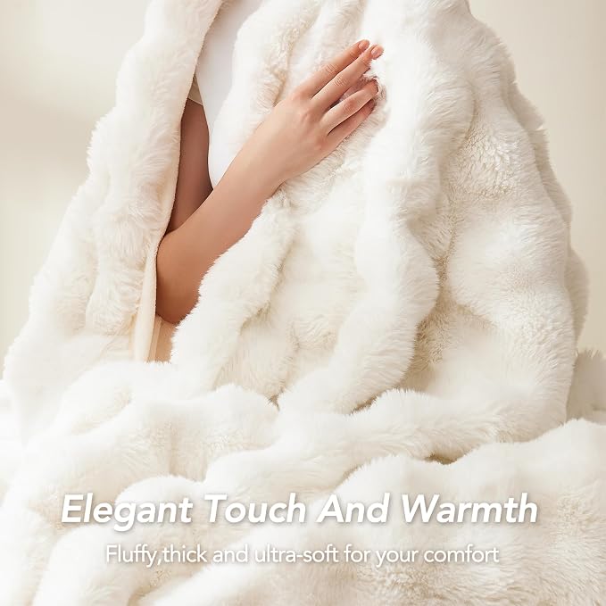 L'AGRATY Faux Rabbit Fur Throw Blanket for Couch, 90'' x 90'', Cream White | Soft Cozy Bubble Fluffy Blanket for Sofa Bed, Thick Warm Plush Fuzzy Throw for Room Home Decor, Luxury Gift for Women Mom