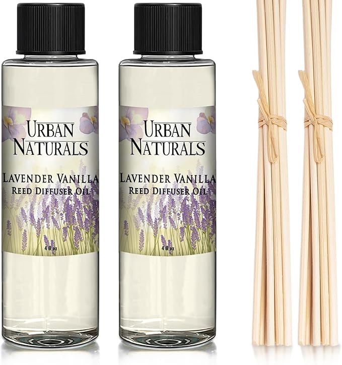 Urban Naturals Lavender Vanilla Scented Oil Reed Diffuser Refill and Reed Sticks – Lavender Blossom, Creamy Vanilla, White Woods and Sugared Musk, 4 oz (2 Pack)