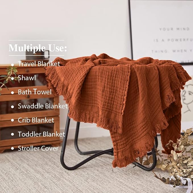 Simple&Opulence Cotton Muslin Throw Blanket for Bed, Couch, Knit Woven Gauze Blanket with Tassels, Soft Lightweight Cozy Pre-Washed Breathable Farmhouse Decoration for All-Season (Rust Orange)