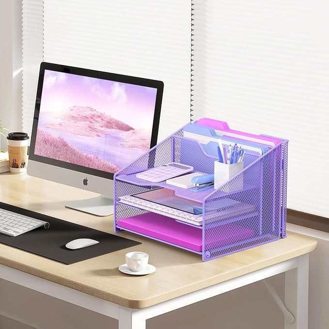Samstar Purple Desk File Organizer, Mesh Letter File Folder Holder with 3 Paper Trays and 2 Vertical Upright Section, for Office Supplies, Desk Accessories & Workspace, Purple