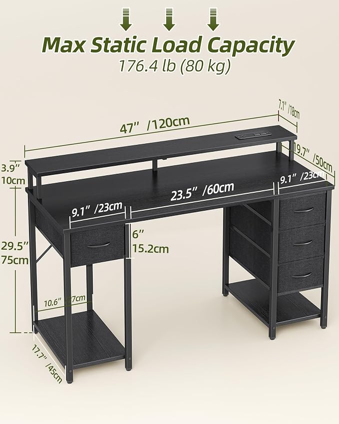 TIQLAB Computer Desk with 4 Drawers & LED Lights, 47 Inch Gaming Desk with Monitor Stand & Power Outlets, Home Office Desk with Large Storage Space, Study Work Table for Bedroom, Black
