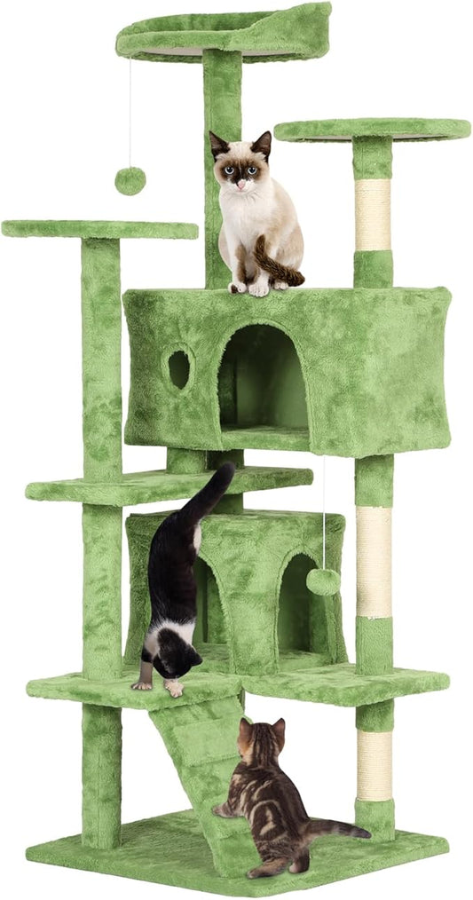 54in Cat Tree Cat Climbing Tower with Scratching Post, Cats House Perch Kitten Tree Condo Wood Playhouse, Pet Trees Tower for Indoor Cats, Green