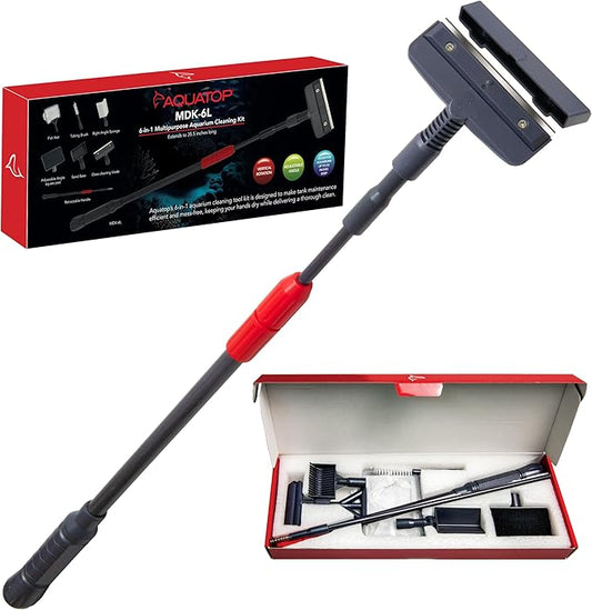 Aquatop 6-in-1 Aquarium Cleaning Kit with Extendable 35.5″ Handle – Includes Scraper, Fish Net, Gravel Rake, Tube Brush & Sponge for Easy Tank Maintenance, MDK-6L