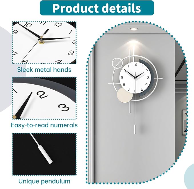 Decorative Wall Clock Silent Battery Operated Large Modern Wall Clock for Living Room Decor White Pendulum Clock for Bedroom, Office, Kitchen, Dining Room, Farmhouse, Indoor