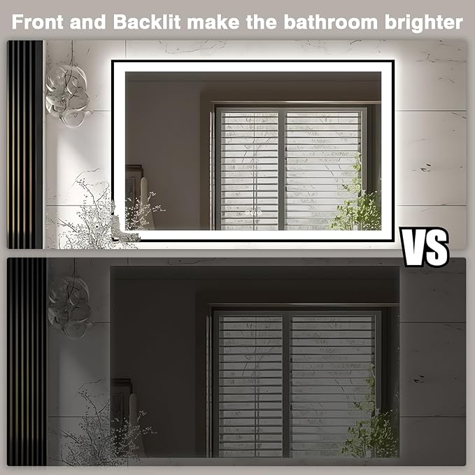 57x36 LED Light Mirror for Bathroom - Black Framed Mirror (Front and Backlit), Anti-Fog Bathroom Vanity Mirror, Stepless Dimmable Lighted Mirror, Tempered Glass, Memory (Horizontal/Vertical)