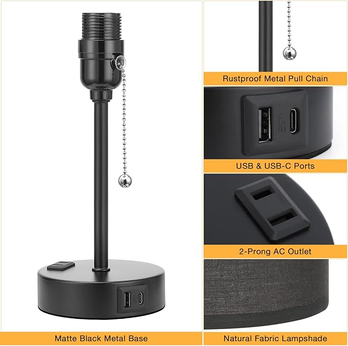 Dicoool Black Bedroom Lamp 3 Color Temperatures - Small Bedside Lamps with USB C and A Ports, Pull Chain Table Lamps with AC Outlet, Black Nightstand Light for Kids Sleeping