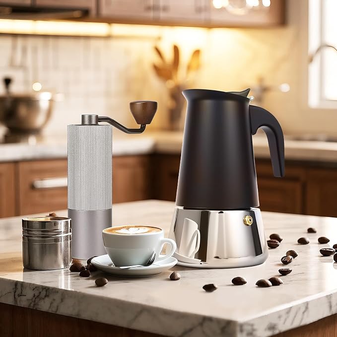 6 Cup Stainless Steel Moka Pot, 300ml Stovetop Espresso Maker, Black