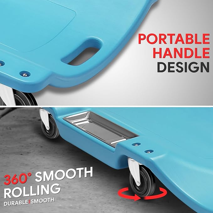 DNA Motoring 40 Inch Low Profile Plastic Rolling Garage Shop Floor Creeper with LED Light, Padded Headrest, Dual Tool Trays, Casters, Tiffany Blue, TOOLS-00389-TB