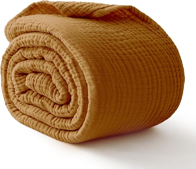 100% Cotton Muslin Blanket Large 50"x 70", 6 Layers Breathable and Lightweight Cotton Throw Blankets for Couch, Soft Cooling Summer Gauze Blanket for Adults All Season, Mustard