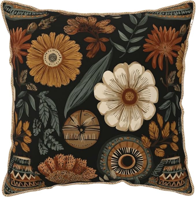 Vintage Boho Flower Velvet Pillow Covers 20x20 Inch Brown Green Retro Floral Throw Pillows for Couch Cushion Covers PillowcaseBohemian Farmhouse Pillow Cases for Sofa Bed Living Room