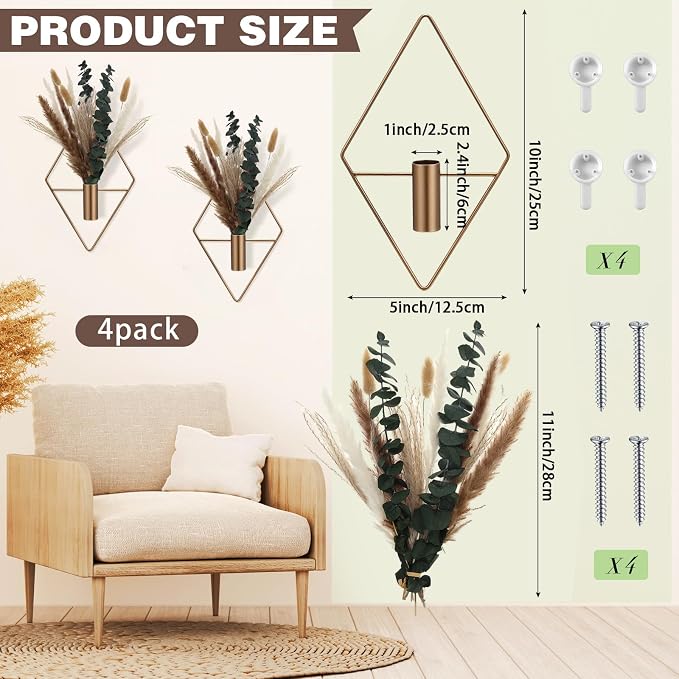 Jexine 4 Pcs Hanging Planters with Artificial Pampas Metal Hanging Vase Indoor Plants Holder Modern Geometric Boho Bathroom Wall Decor for Living Room Home Office, Antique Copper