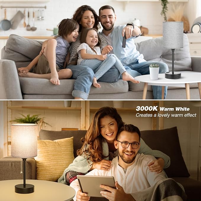 Grey Nightstand Lamps 3 Color Temperatures - 3000K 4000K 5000K Bedside Lamps with USB C and A Ports, Pull Chain Table Lamps with AC Outlet, Small Lamps with Black Metal Base for Sleeping Reading