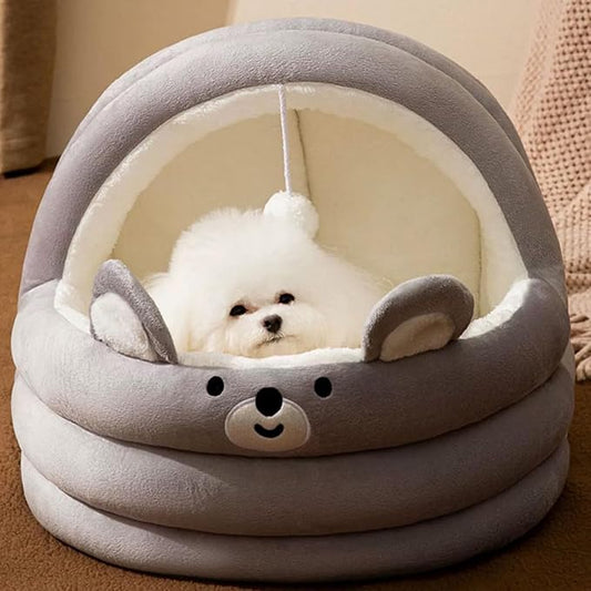 Cat Bed for Indoor Cats, Dog Bed with Anti-Slip Bottom, Rabbit-Shaped Cat/Small Dog Cave with Hanging Toy, Puppy Beds with Removable Cotton Pad, Super Soft Calming Pet Sofa Bed (Gray, Large)