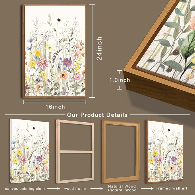 BINCUE Large Framed Floral Canvas Wall Art Colorful Wildflower Pictures Wall Decor for Living Room Bedroom Home Decor 3 Panel 16x24 Inches