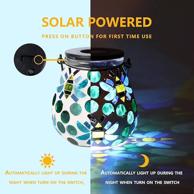 Afirst Mosaic Outdoor Lanterns - Glass Solar Hanging Lights Bee Hollow Out Waterproof Outdoor Decorative for Garden, Patio, Holiday Party Outdoor Decoration