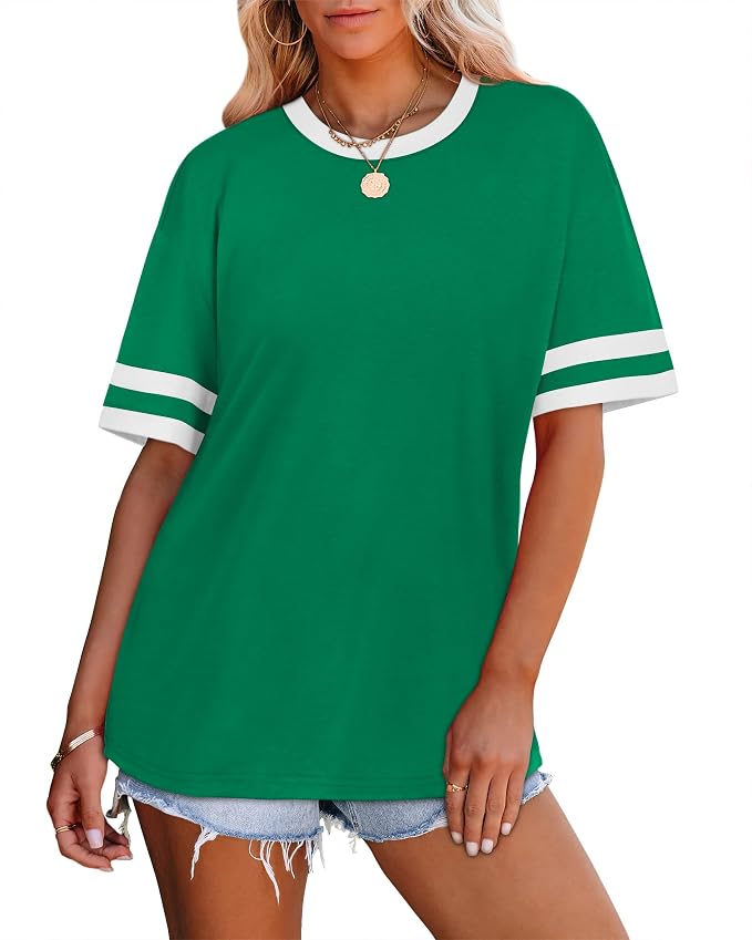 WIHOLL Womens T Shirts Loose Fit Short Sleeve Tees Crew Neck Color Block Summer Tops 2026 Fashion