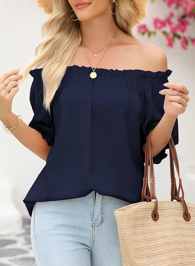 EVALESS Womens Tops Off The Shoulder Blouses for Women Dressy Casual Cute Puff Sleeve T Shirts Fashion 2026