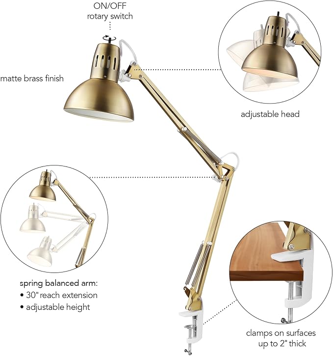 Globe Electric 62000010 32" Multi-Joint Desk Lamp with Metal Clamp, Matte Brass, White Accents, On/Off Rotary Switch on Shade, Partially Adjustable Swing Arm, Home Décor, Office Accessory