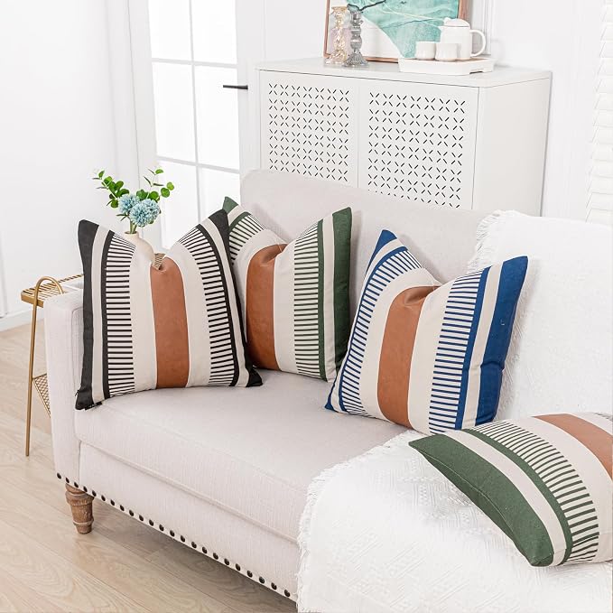 Set of 2 Farmhouse Striped Pillow Cover 18x18 Boho Accent Cushion Case Faux Leather Decorative Pillowcase,Black and Beige (Cover ONLY)