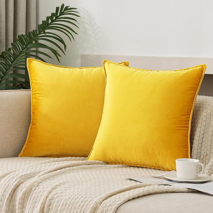 Velvet Yellow Throw Pillow Covers 16”x16”Pack of 2 Soft Decorative | Square Cushion Covers for Couch Sofa Bed Livingroom Car Home Decor,40x40Cm