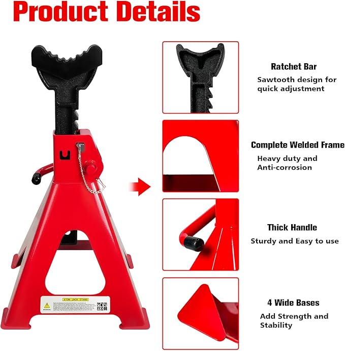 Jack Stands 6 Ton (13,200 LBs), 15.6"-23.4" Adjustable with Double Pin Locking，Heavy Duty Jack Stands with Extra Rubber Pads,Jack Stands for Trucks,Car Lifts for Home Garage,Lifting SUV,1 Pair Red